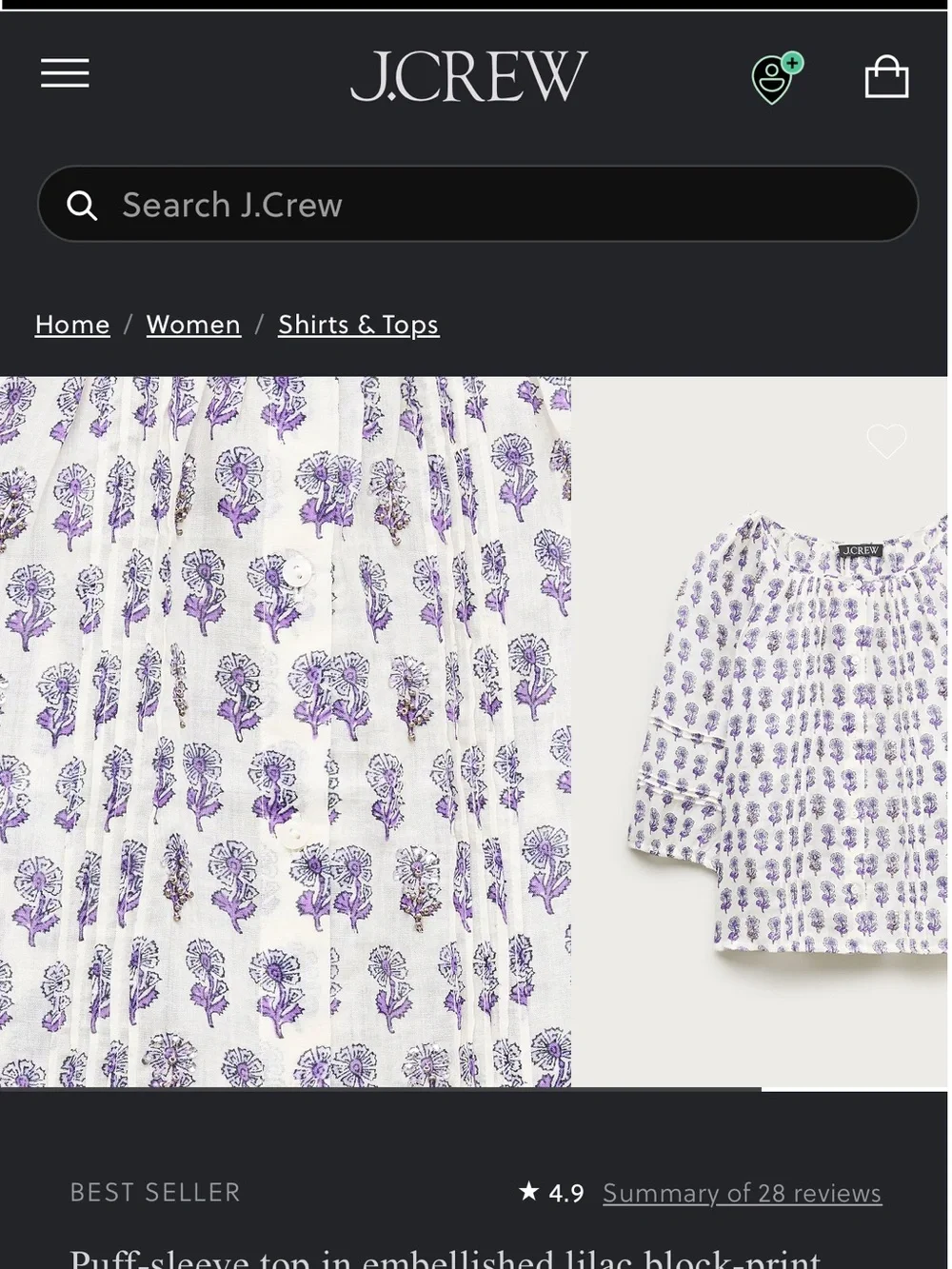 J. Crew Lilac and White Puff-Sleeve Printed Blouse